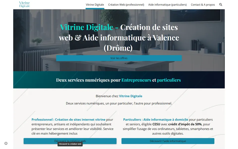 Page d’accueil du site de Vitrine Digitale